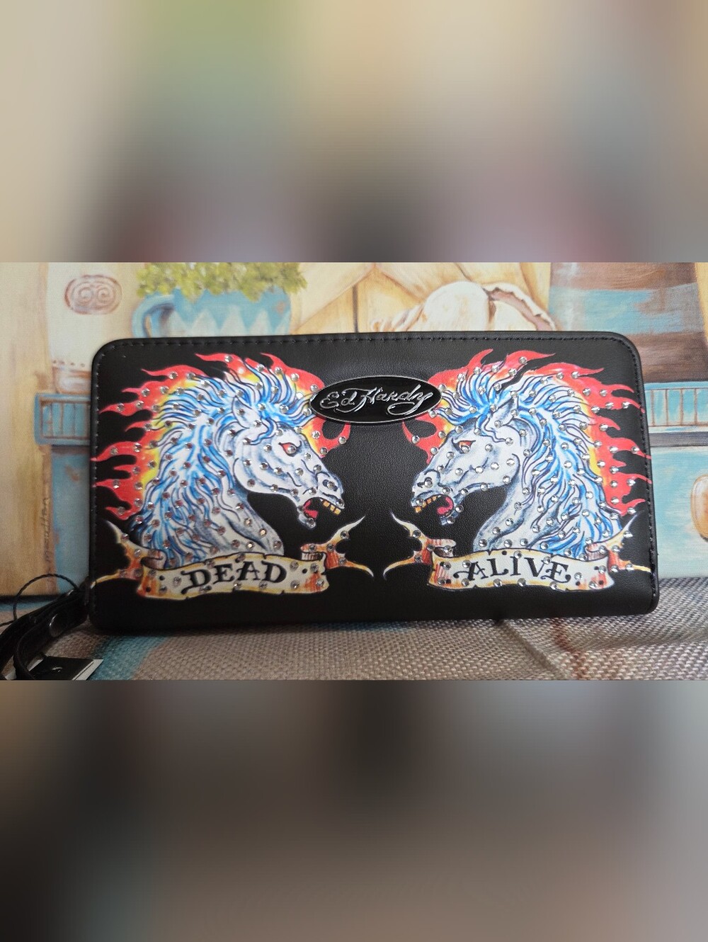 NWT Ed Hardy Black Studded Unicorn Print Wallet